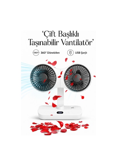 Soğutma Fanı Taşınabilir Çift Kafalı Usb Şarj Ev Hava Otomatik Döner Havalandırma Fanı Led Lambalı