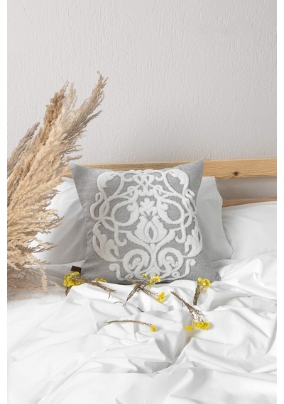 Bohem Özel Tasarım Punch Panç Desen Kare Dekoratif Kırlent Kılıfı 43x43 cm Damask Gri