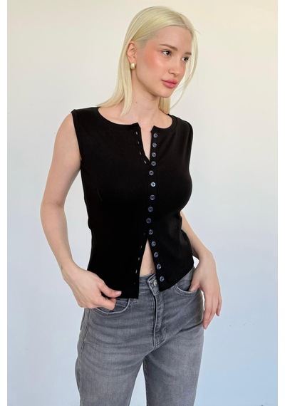Siyah Bisiklet Yaka Düğmeli Kadın Bluz Mg2638 Siyah