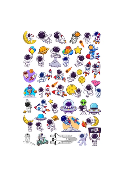 42 Adet Uzay Astronot Sticker Seti - Etiket Seti Scrapbook Bullet Journal Çok Renkli