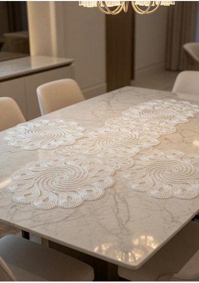 3 Lü Set Örgü Detaylı Beyaz Runner