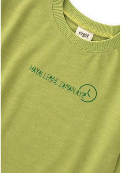 Cigit Sloganlı Uzun Kollu T-shirt 2-10 Yaş Lime Yeşil