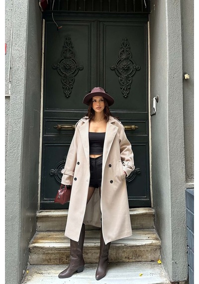 My Loore Kadın Bej Oversize Kuşaklı Astarlı Premium Kaşe Kaban Geniş Kalıp Lüks Kışlık Model Mlb077
