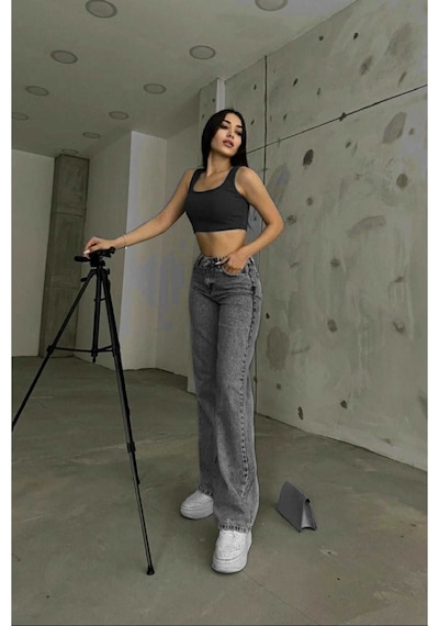 Woddi Antrasit Salaş Çnr Kadın Yüksek Bel Palazzo Jeans Likralı Esnek Kot Pantolon Yeni Hsn-2 Füme
