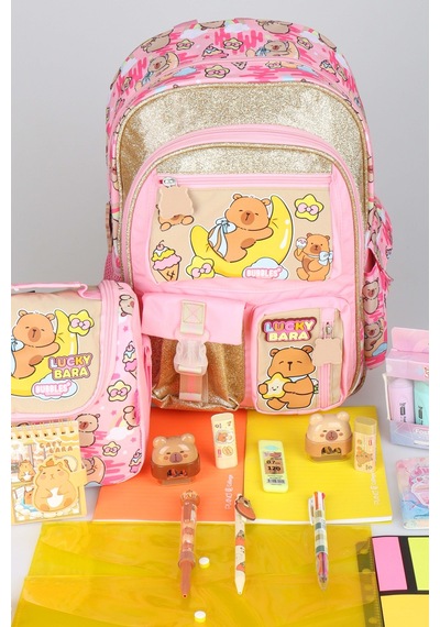 X Dekomus Capybara Golden Dream Collection Kırtasiye Seti Büyük Boy Okul Çantası Ve Beslenme Çantası Altın