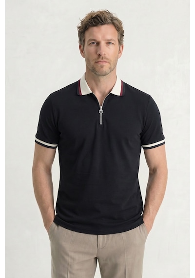Tudors Erkek Slim Fit Dar Kesim %100 Pamuk Kısa Kollu Yarım Fermuarlı Siyah Polo Yaka Tişört-50743