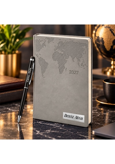 Bk Gift Kişiye Özel 378 Termo Deri Tarihli Ajanda & Siyah Touch Pen Tükenmez Kalem-17 Gri