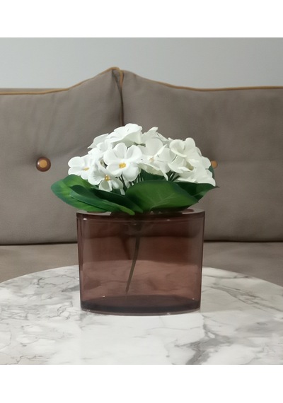 Vazoda Beyaz Yapay Çiçek Dekoratif Oval Kahverengi Vazo Dahil 13 x 5 x 15 CM