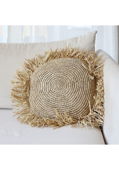 Çift Yön Örgü 40x40 Cm. Doğal Rafya Kırlent - Saçaklı Hali 63 Cm Bej