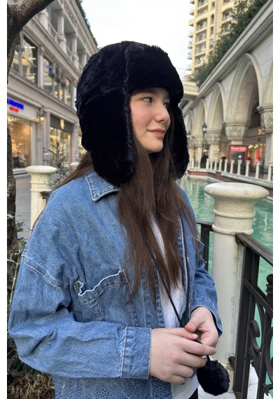 Mollycrush Genç Siyah Peluş Ponponlu Pilot Şapka Uniseks Kışlık Ushanka Tarzı Siyah