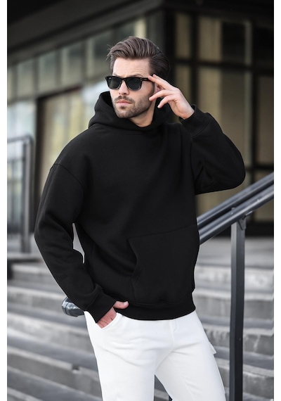 Madmext Siyah Kapüşonlu Kanguru Cep Erkek Sweatshirt E7169 Siyah