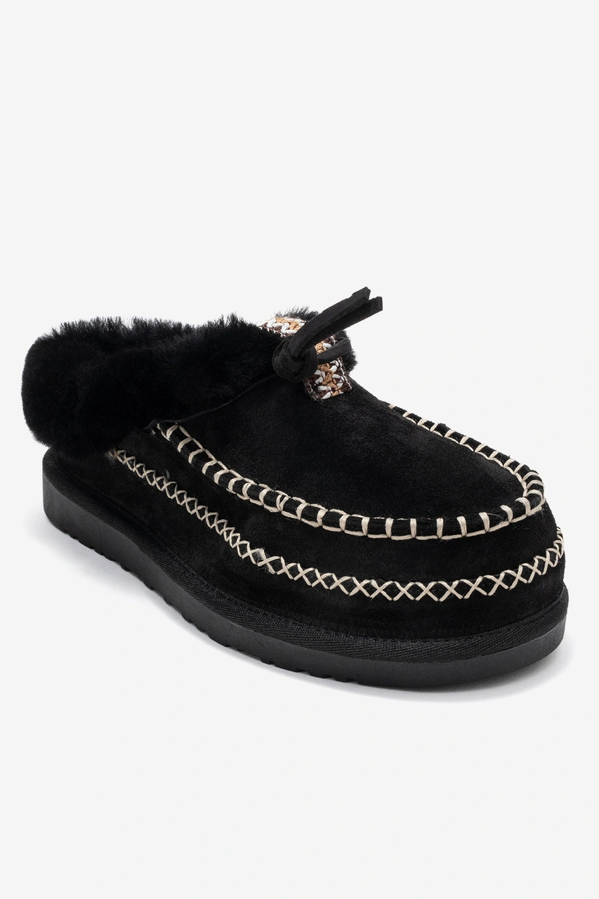 Luvishoes Luvi Shoes Norıel Siyah Süet Hakiki Deri Dikişli Kürklü Kadın Makosen Terlik Siyah