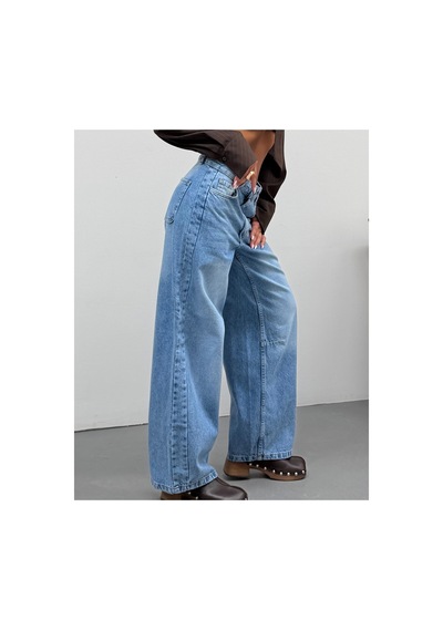 Kene Jeans Buz Kar Yan Parçalı Diz İşlemli Baggy Jeans Buz Kar