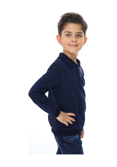 Toontoy Kids Toontoy Erkek Çocuk Baskılı Polo Yaka Düğmeli Uzun Kollu Tişört Lacivert
