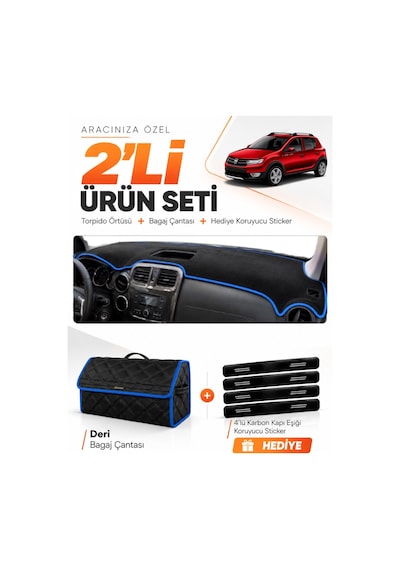 E-biz Dacıa Sandero Stepway 2015-2021 Uyumlu Torpido Örtüsü + Deri Çanta - Siyah-mavi - Da004