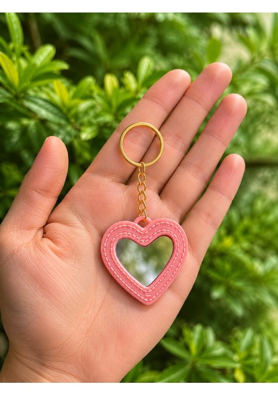 Aynalı Kalp Anahtarlık - Çanta Süsü Charm Pembe