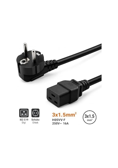 Px-srv5 5 Metre 3x1.5mm C19 Server Power Kablo, Full Bakır C19 Schuko Güç Kablosu, 16a 250v Sunucu Pdu Ups Veri Merkezi Güç Bağlantı Kablosu, Siyah