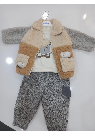 Lamato Baby Kuzu Nakışlı Montlu Bebe Erkek 3'lü Takım Gri