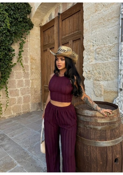 Evoa Kadın Bordo Halter Yaka Crop & Bol Paça Pantolon Fırfır Detaylı Gagari Takım Bordo Bordo