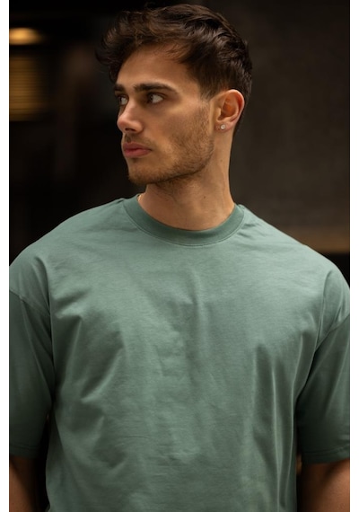 Gravel Oversize Bisiklet Yaka Pamuklu T-shirt - Su Yeşili Su Yeşili