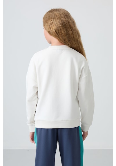 Tommy Life Ekru Pamuklu İçi Tüylü Yumuşak Dokulu Oversize Nakışlı Kız Çocuk Sweatshirt - 75150 Ekru