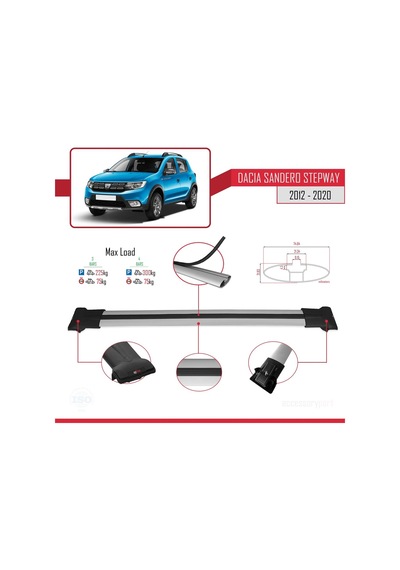Dacia Sandero Stepway 2012-2020 Arası İle Uyumlu Fly Model Ara Atkı Tavan Barı Gri 3 Adet Bar