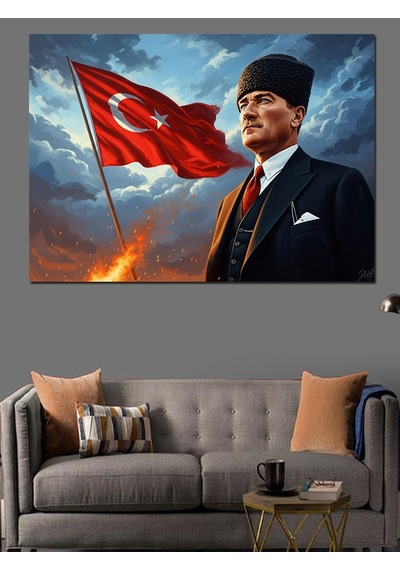 Türk Bayrağı Ve Atatürk Portresi Dekoratif Kanvas - Mdf Ahşap Tablo