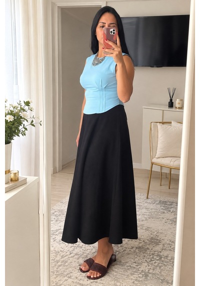 Moda Banuş Mavi Modal Kumaş Kısa Kol Önü Uzun Body