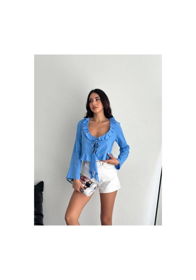 Butik İstanbul Keten Uzun Kol Bağacık Detaylı Bluz - Mavi