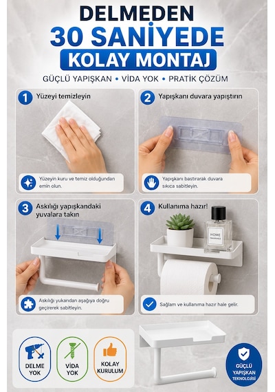 Beyaz Yapışkanlı Raflı Tuvalet Kağıdı Askılığı Delmeden Montaj Banyo Organizer Telefon Rafı Askısı