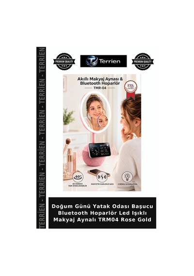 Doğum Günü Yatak Odası Başucu Bluetooth Hoparlör Led Işıklı Makyaj Aynalı Trm04 Rose Gold