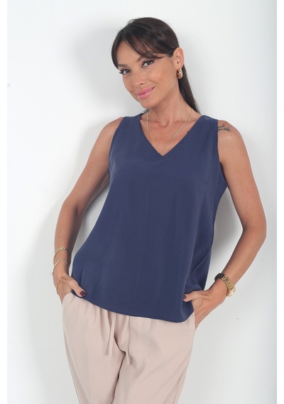 By Saygı Kadın V Yaka Pervazlı İtalyan Cotton Lyocell Bluz Lacivert