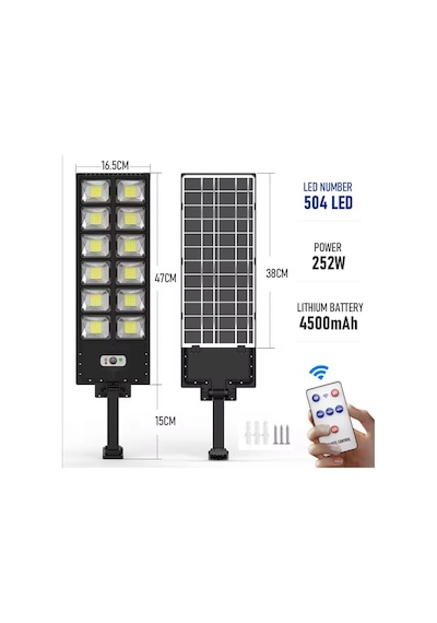 12000 Lümen 504 Led Güneş Enerjili Hareket Sensörlü Kumandalı Bahçe Sokak Garaj Ev Aydınlatma Lambası Işık Siyah