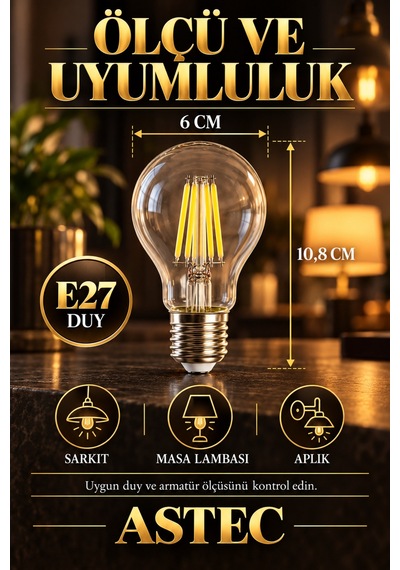 Astec E27 Filamen 8 Watt Led Ampul 3200k Gün Işığı Dekoratif Filament Led