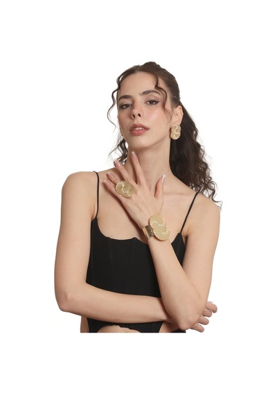 Kadın Lak Altın Renk Kaplama Spiral Baskılı Tasarım Küpe &yüzük &bilekik Set Altın