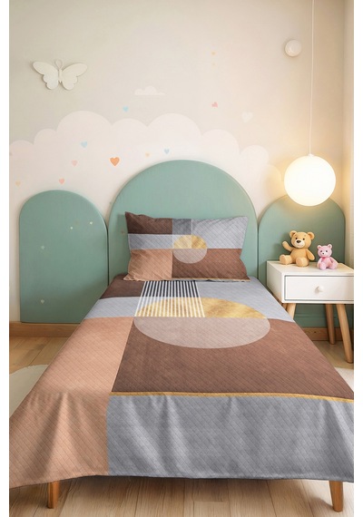 Geometrik Gri Genç Odası Tek Kişilik Pike Takımı - Modern Vizon Bej 160x220 Cm Kapitone Yatak Örtüsü Kırık Perde Kırığı
