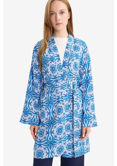 Defacto Relax Fit Bisiklet Yaka Desenli Viskon Kimono E7262ax25smbe43 Mavi
