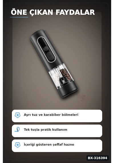 Tuz Ve Karabiber Öğütücü Şarjlı Çift Hazneli Led Ekranlı 900 Mah Model Bx-316394 Diğer