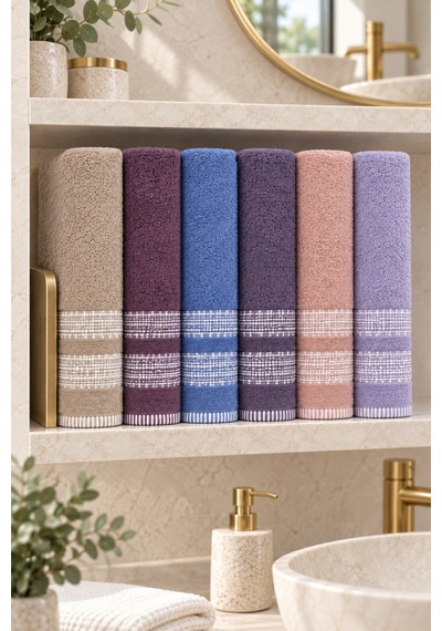 Çift Şerit Desenli Renkli Havlu 50x90 Cm 6 Lı Set - Çok Renkli
