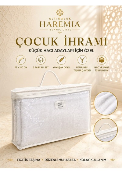 Çocuk İhramı 75x150 Cm 2 Parçalı Taşıma Çantalı Set Beyaz