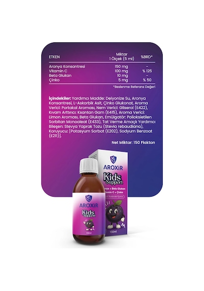 Aroxir Kids Support Aronya Vitamin C Beta Glukan ve Çinko İçerikli Takviye Edici Gıda 150 ML