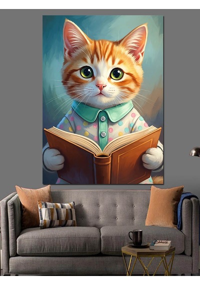 Ahşap Tablo Kitap Okuyan Sevimli Kedi
