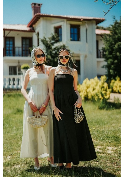 Mayrem May Rem Kadın Siyah Askılı Dantel Detaylı Pileli Midi Boy Prenses Model Abiye Elbise Beyaz