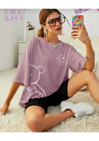 Kozia Outdoors Malkoçbey Korsan Ayı Baskılı Oversize Unisex Basic T-sihirt Lila