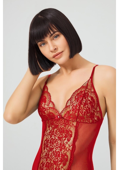 Cottonill Kırmızı Çıtçıtlı Dantelli Transparan Balensiz Bodysuit