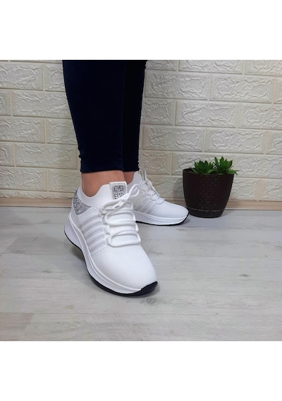 M.p 1669 Beyaz İçten Gizli Topuk 7cm Taşlı Kadın Spor Ayakkabı 001