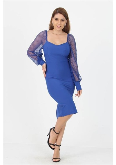 Neşeli Butik Kadın Yeni Sezon Kolları Tül Midi Boy Likralı Elbise Nb10004 Saks