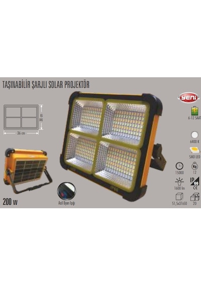 200w Solar Güneş Enerjili Şarjlı Projektör