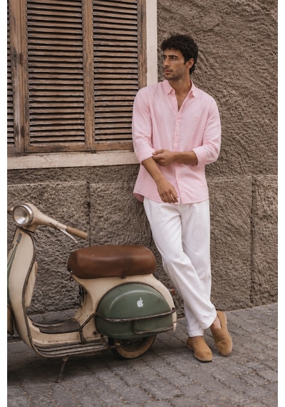 Respire Erkek Minimal Baskılı Oversize Dokulu Gömlek Pembe