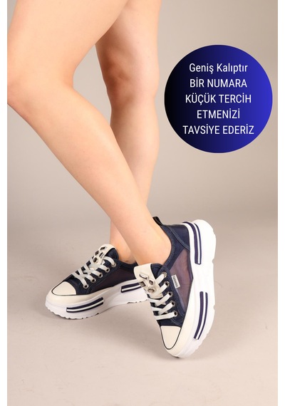 Prens 172 Kadın Fileli Denim Kalın Taban Sneaker Ayakkabı Lacivert